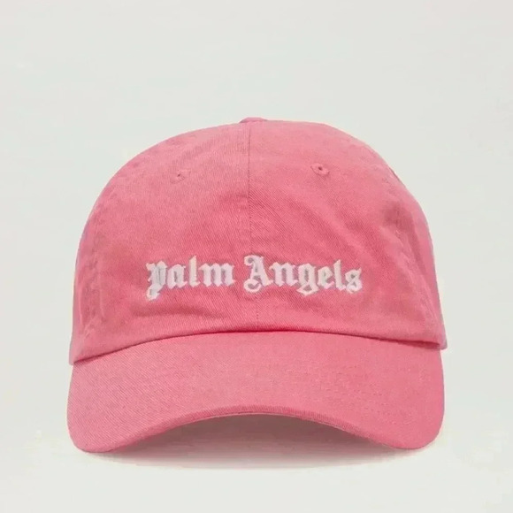 NWT PALM ANGELS LOGO-EMBROIDERED COTTON STRAP BACK CAP HAT BABY PINK WHITE - Picture 1 of 6